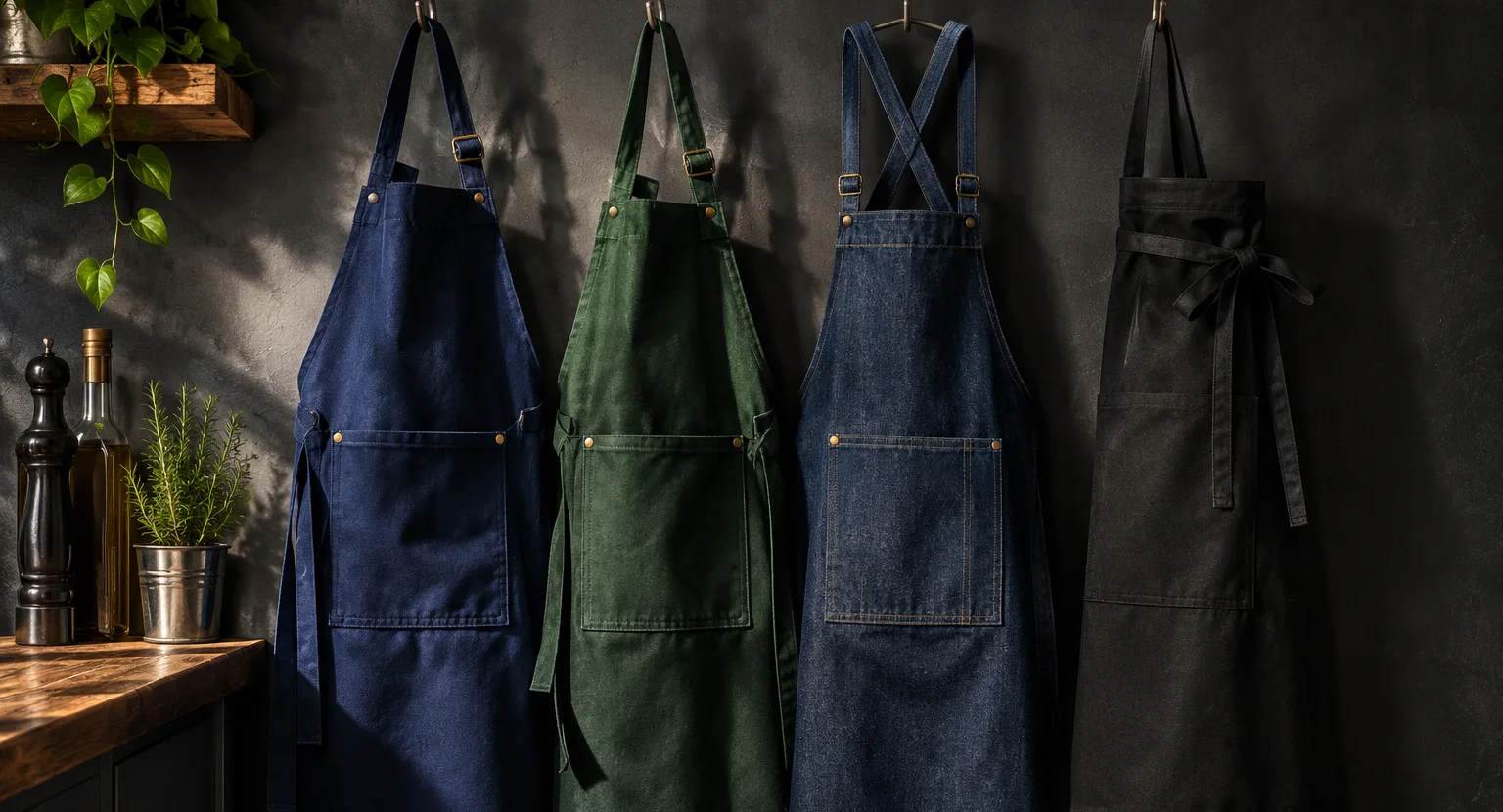 Delantales de lona y denim colgados en una cocina